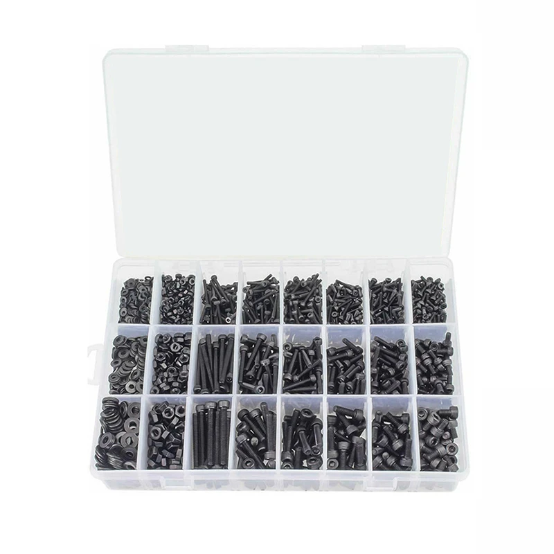 1200PCS M2 M3 M4 Hex Hexagon Socket Screw Set Black Carbon Steel Allen Head Cap Screws Bolts and Nuts Washers Assortment Kit |