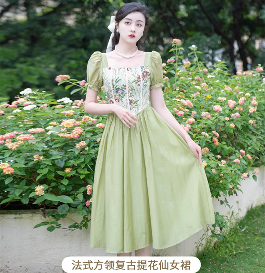 Vintage Summer Jacquard Flower Patchwork Green Long Dress High Quality Women Short Sleeve Slim Waist Holiday Princes Vestidos