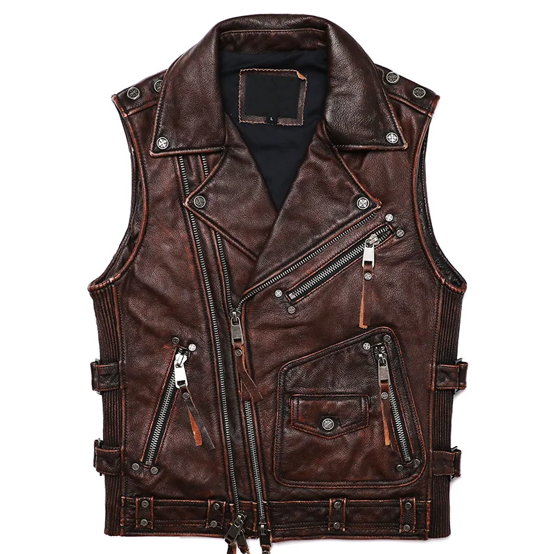 

New Vintage Brown Motorcycle Biker Leather Vest Men Real Cowhide High Quality Sleeveless Jacket Slim Club Style Vests Coat