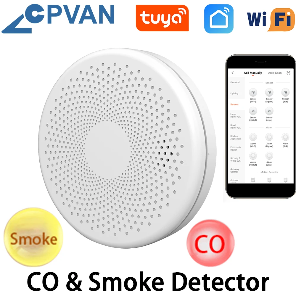 Cpvan Tuya Smoke Detector Wifi Co Sensor 2 In 1 Smart Life Wireless Carbon Monoxide Gas Fire Alarm For Home Security Protection