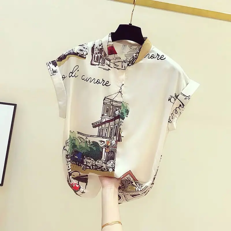 

Chiffon Blouse Women Oversize Loose Elegant Ladies Tops Trendy Short Sleeve Print All-match Simple Korean Style Vintage Chic E12