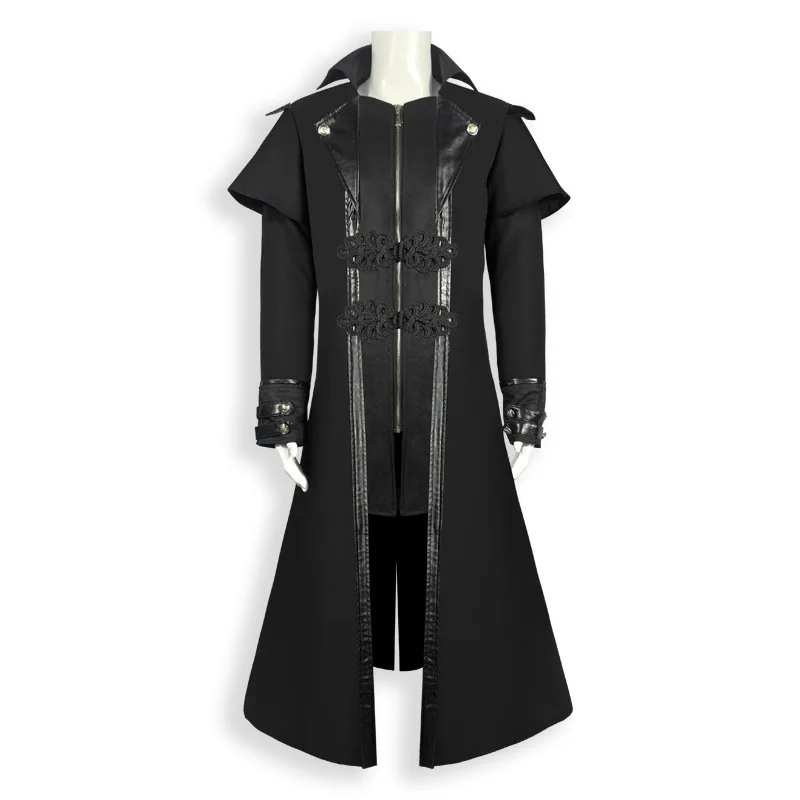 

Vintage Medieval Men Trench Coat Gothic Steampunk Vampire Cosplay Windbreaker Party Prom Punk Stand Collar Zipper Long Coat Male