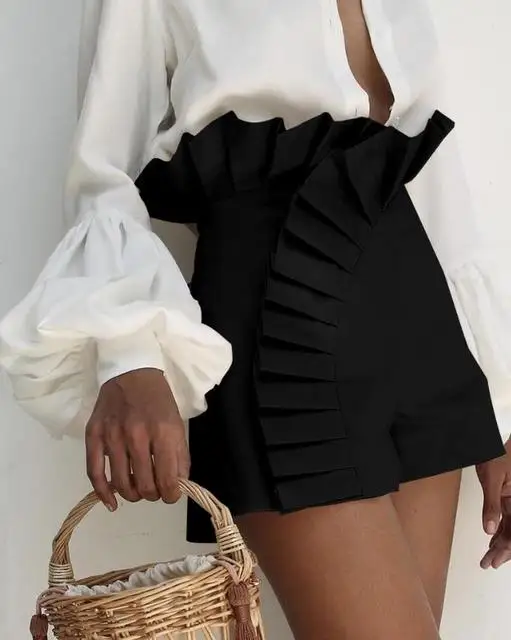 Sexy Fashion Women's Short Pant Summer 2023 Ruffle Hem Ruched High Waist Shorts Polyester Above Knee Plain Daily Clothes