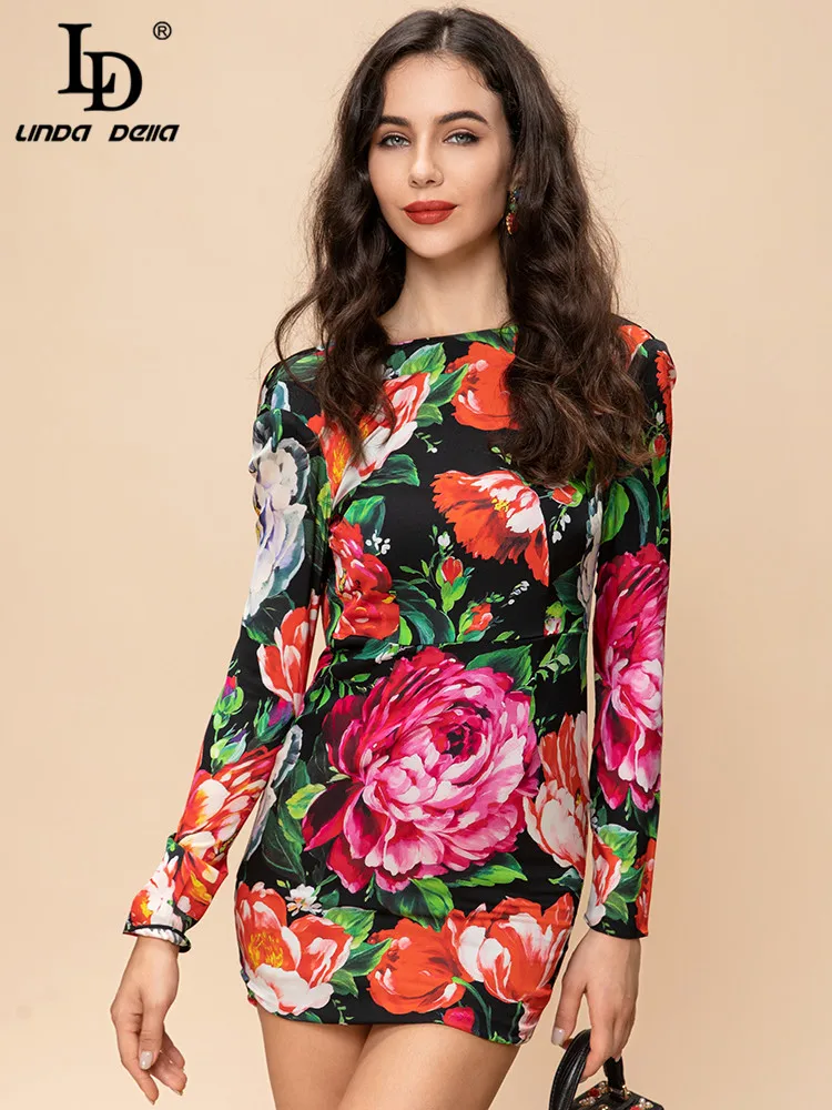 

LD LINDA DELLA 2023 Spring Runway Fashion Short Silk Dress Women Long sleeve Flowers Print Slim Vintage Party Mini Dress