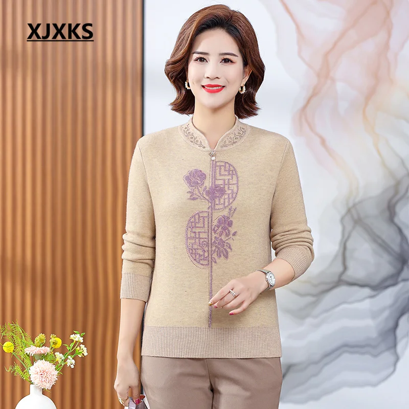 

XJXKS 2022 New Women's Winter Sweater Thickened Warm High-quality Wool Knit Pullover Fashion Cheongsam Collar Print Jumper