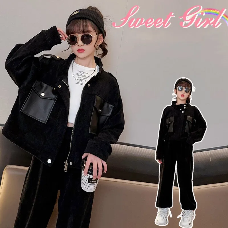

Girls Coat+Pants Kids Suits 2PCS/Set 2023 Cardigan Spring Autumn Cotton High Quality Tracksuit Children Clothing