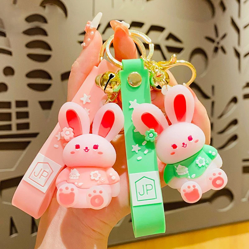 Cute Cherry Blossom Short Sleeve Rabbit Key Chain Cartoon Star Sling Sakura Hair Button Bunny Animal Doll Car Keychain Bag Charm