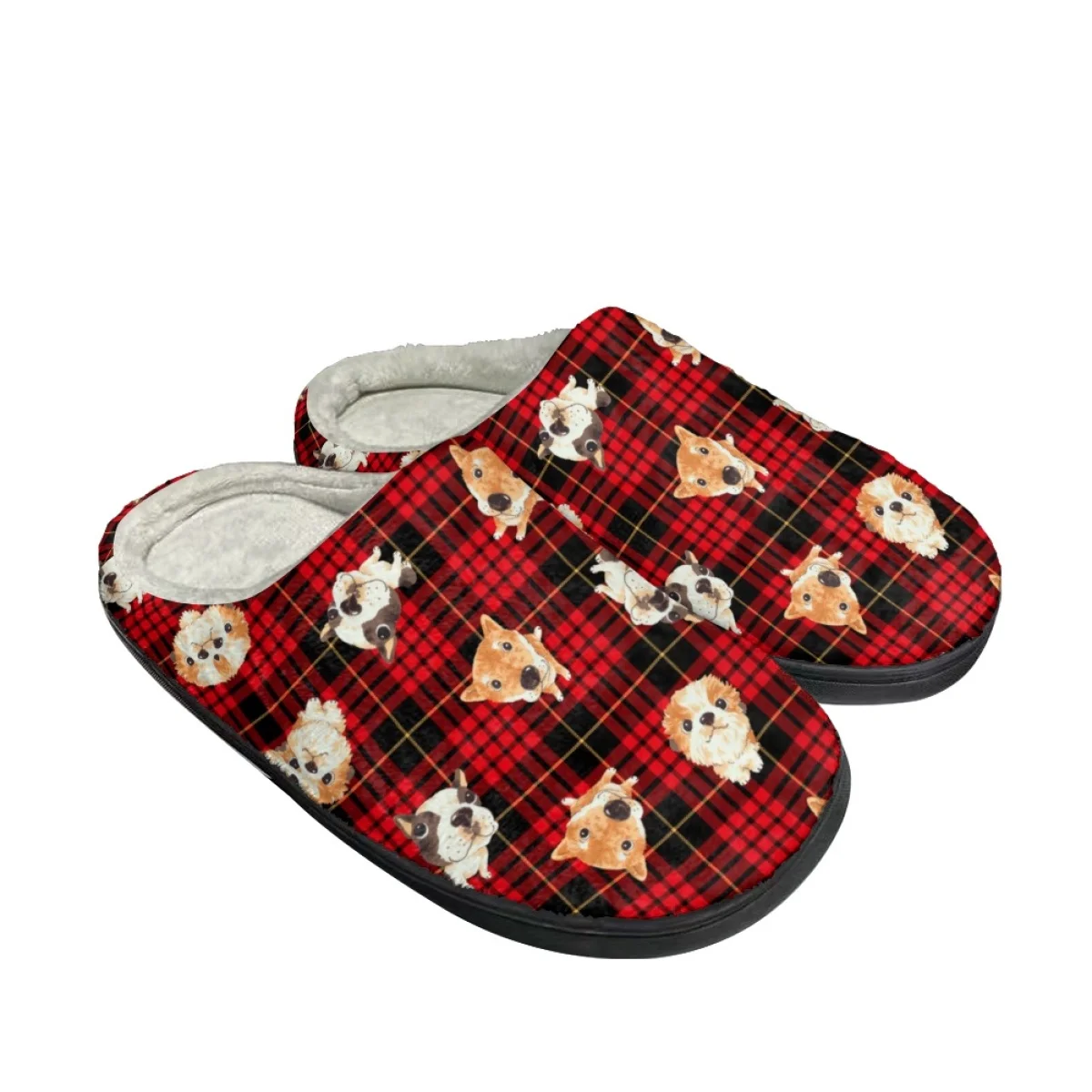 Cute Red Plaid Puppy Pattern Autumn Winter Men Home Comfort Soft Cotton Slipper Outdoor Travel Breathable Woman Plush Slippers