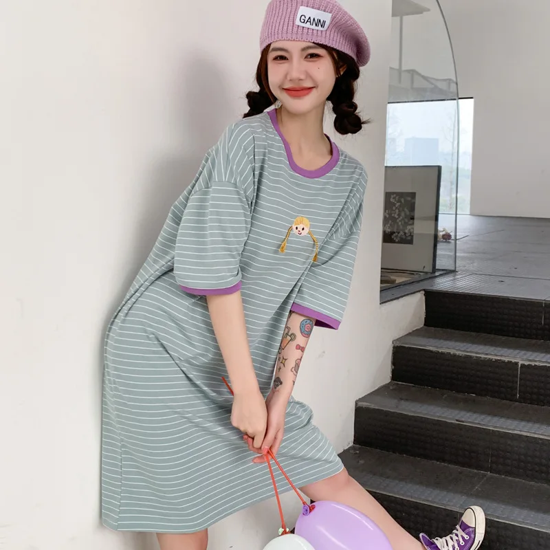 Pajamas for Women's Summer Cotton Short-sleeved Nightgowns with Round Neck Striped Sleepwear Elegant and Cute Style Loungewear