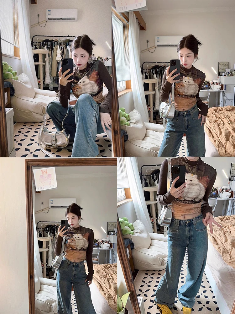 Американская Ретро футболка с длинным рукавом принтом кота Женская Осенняя