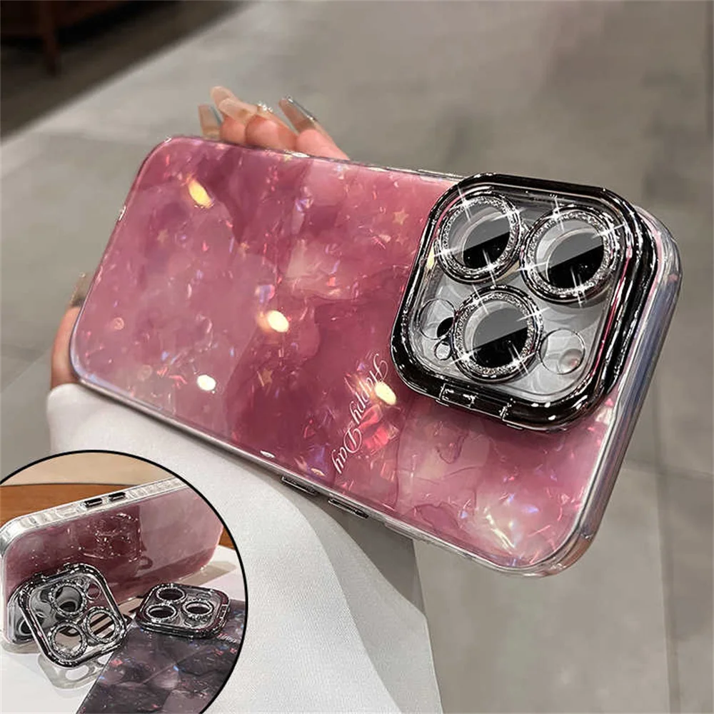 Роскошный чехол-подставка для камеры с блестящим узором Aurora iPhone 16 14 15 13 Pro Max