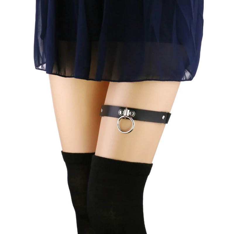 

Elastic PU Leather Leg Harness Garter Belt with Circle Decor Gothic Thigh Chain L5YB