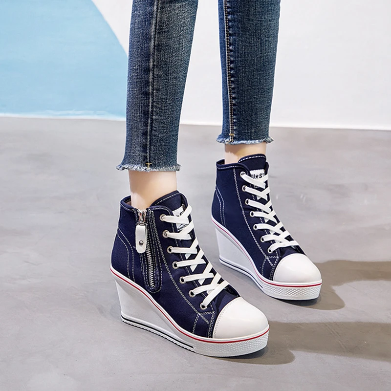 

Women Canvas Shoes Female Hidden Wedge Invisible Heel Wedge Side Zipper Increased Casual High Breathable Platform Sneakers