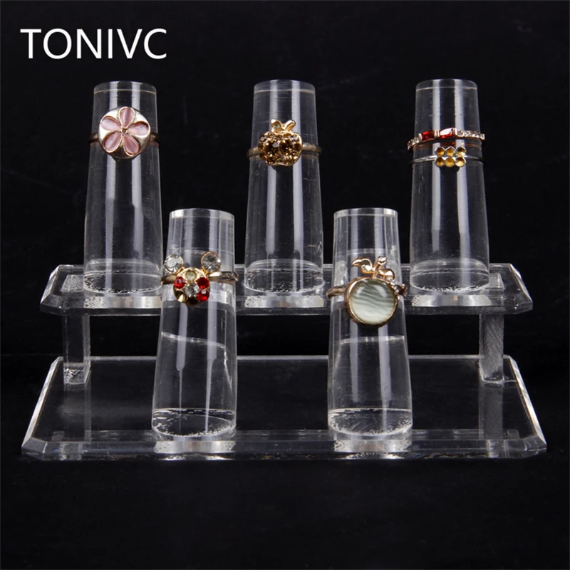 TONVIC Wholesale 1pc Acrylic Clear View Ring Display Stand Holder With 5 Ring Holder Rack