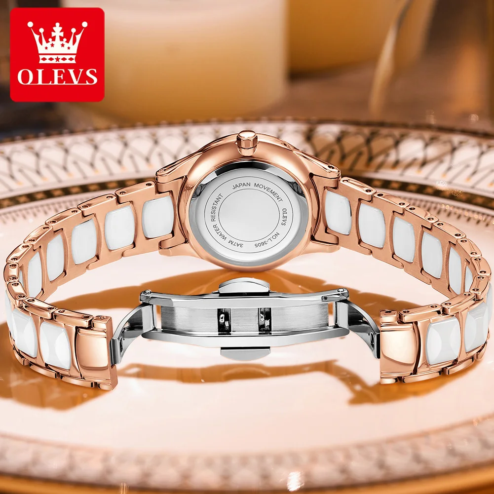 OLEVS 3605 Fashion Waterproof Watch for Women Quartz Ceramic Strap Ceramics Rose Gold Diamond-encrusted Women Wristwatches enlarge