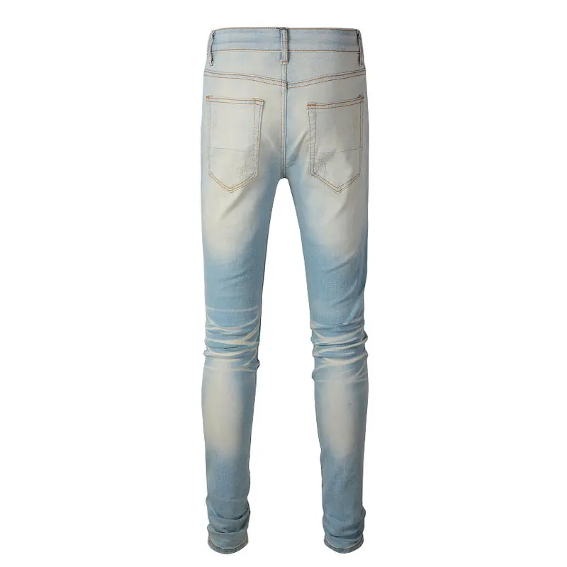 Fashion Designer Men Jeans Retro Light Blue Stretch Slim Fit Ripped Jeans Men Patched Hip Hop Brand Pants Hombre Punk Trousers