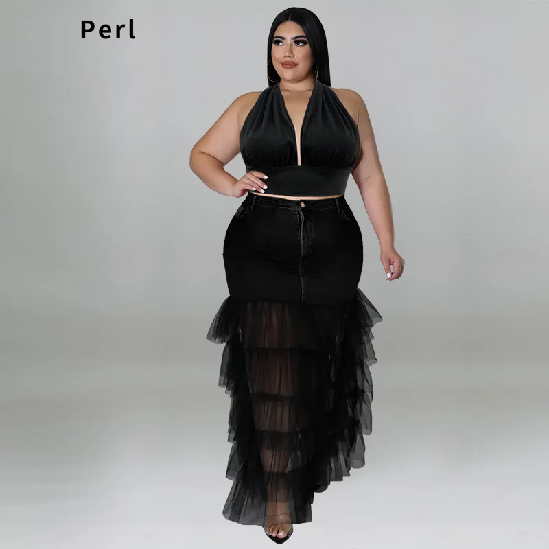 Perl Denim Mesh Patchwork Skirt+black Halter Crop Top Suit Plus Size Women Clothing Two Piece Set Short Fashion Summer Outfit