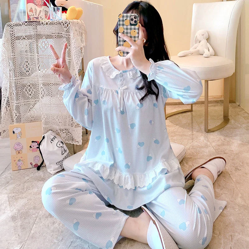 Sweet Pajamas Set Lace Sleepwear For Women Pyjama Women's Autumn Fashion Full-Sleeve Cartoon Princess Flower Homewear Plus Size