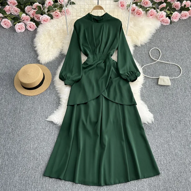 Весенне-осеннее винтажное элегантное однотонное платье с длинным рукавом и