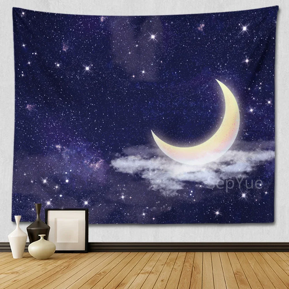 SepYue Moon and Stars Wall Hanging Blue Starry Tapestry Galaxy Universe Night Sky Space for Bedroom Living Dorm