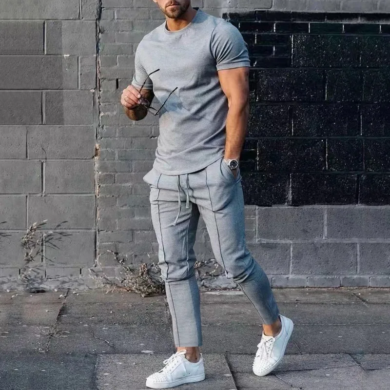 Men's Solid Color Personalized Set Casual Fashion Men's Pants Set Men's Spring/Summer 2023 Two Piece Short Sleeve T-shirt Men