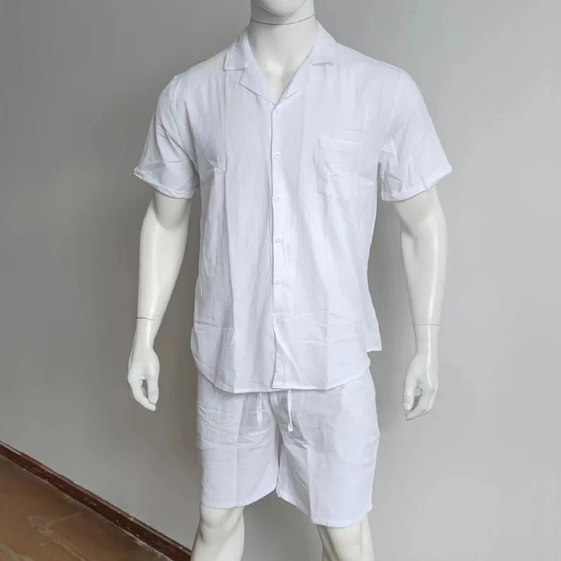 2023 Summer Short Sleeve Shorts Set Linen Thin Lapel Loose Solid Mens Set
