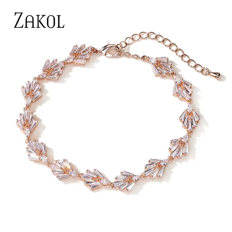 

ZAKOL New Leaf Cubic Zirconia Chain Link Bracelets for Women Fashion T Shape Stone Bridal Wedding Party Jewelry BP5036