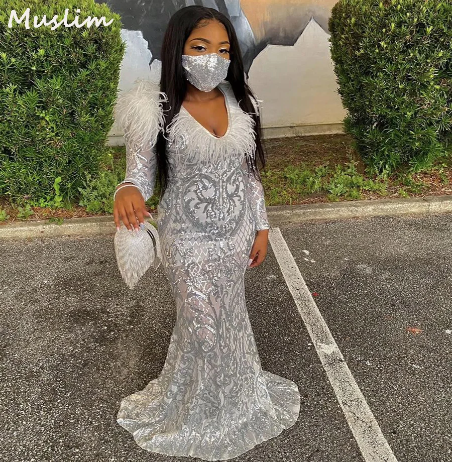 

Plus Size Sequin Black Girls Prom Dress With Feather 2022 Sparkly V Neck Mermaid Evening Dresses With Long Sleeve Night Dress