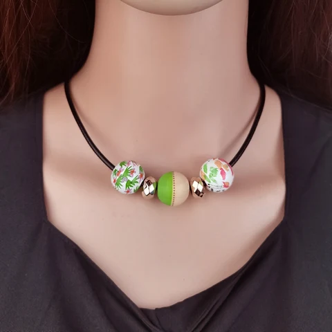 Винтажный этнический принт, деревянные бусины, кулон, колье, ожерелье для женщин, ювелирные изделия ручной работы