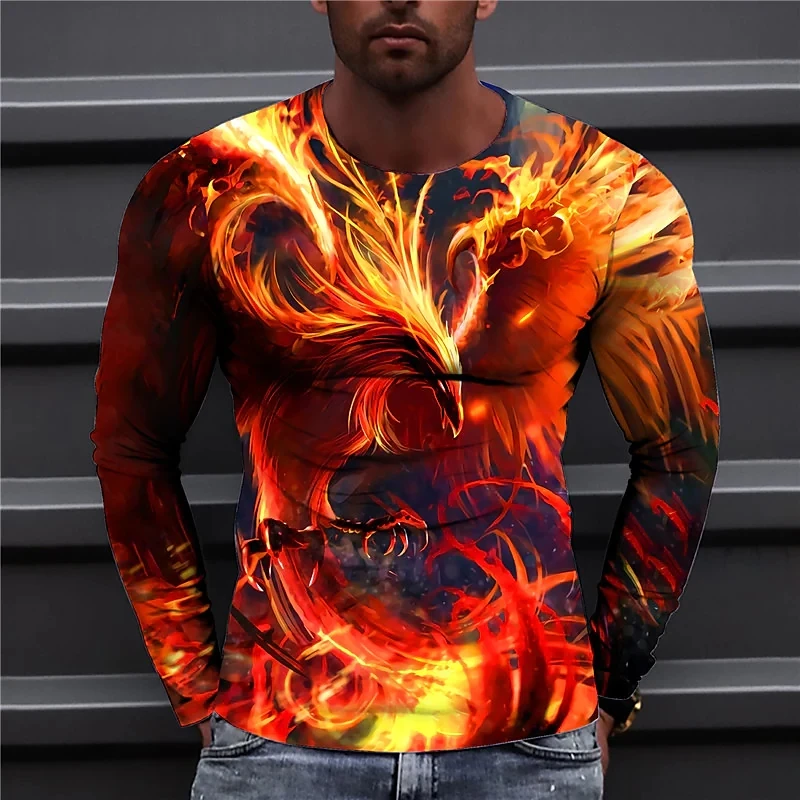 

Men's T Shirt Prints Phoenix Crew Neck Long Sleeve Designer Orange Daily Holiday Tops Casual Big and Tall