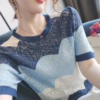 fashion o neck spliced knitted hollow out t shirt female clothing 2022 summer new casual pullovers tops loose korean tee shirt