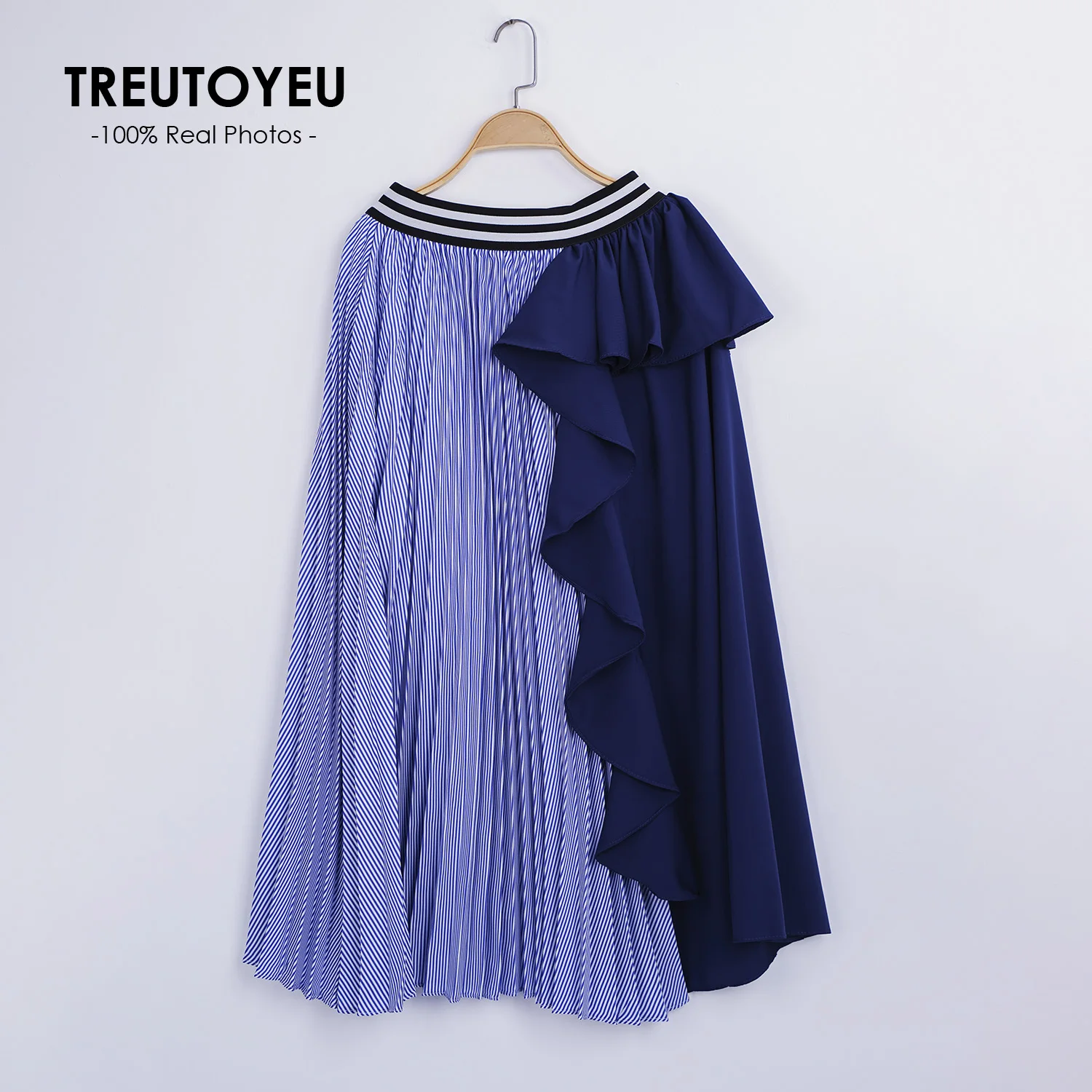 Korean Style Pleated Skirt Maxi Long Skirts for Women Black and Blue Striped High Waist Japanese Fashion Jupe Mall Goth Falda images - 6