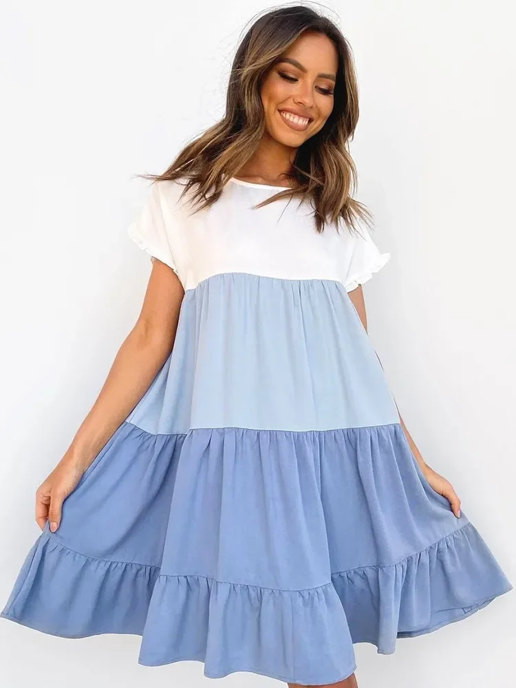 

Midi Dress Women Ruffles Hem Casual Dress Short Sleeve Stitching A-line Dress Female Loose O-Neck Beach Sundress