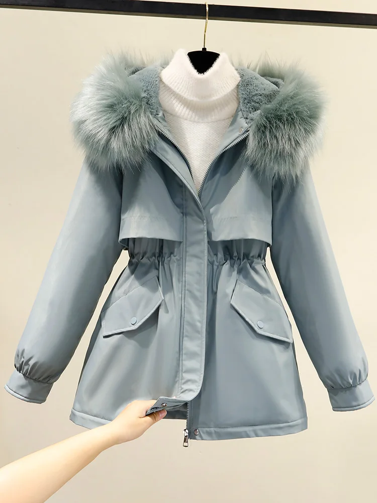 2022 Women's Winter Jacket Students Solid Hooded Large Fur Parkas Drawstring Slim Fashion Warm Coat Female Snow Wear Outwear