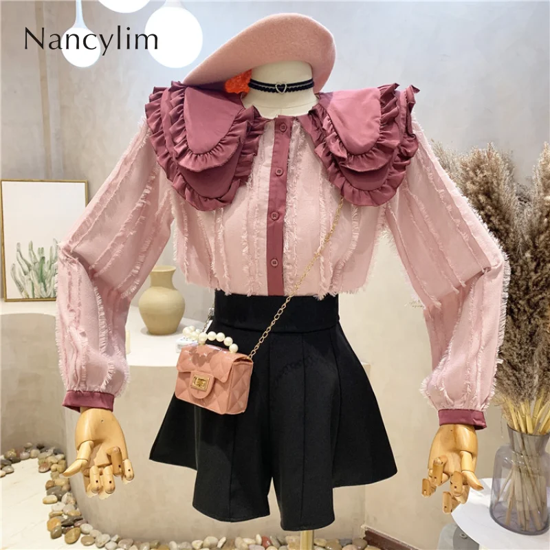

Korean Style Blouses Femme 2022 Spring New Long Sleeve Double Doll Collar Shirt Female Clothing Sweet Temperament Top Ladies