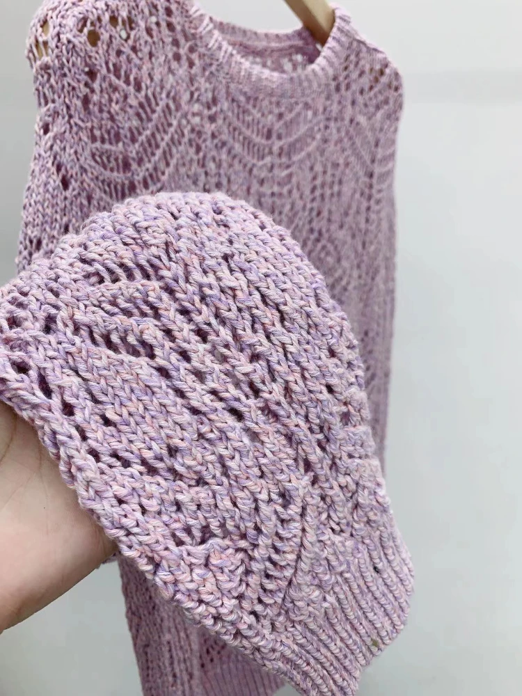 

Spring Summer 2023 New Purple Hollow Out Loose Pullover Knitted Pullover Women Sweater