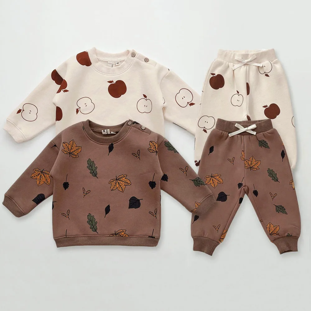 2Pcs Spring Baby Girl Boy Clothes Set Embroidery Thicken Fleece Warm Sweatshirt + Pant Baby Boy Tracksuit Toddler Clothes Outfit