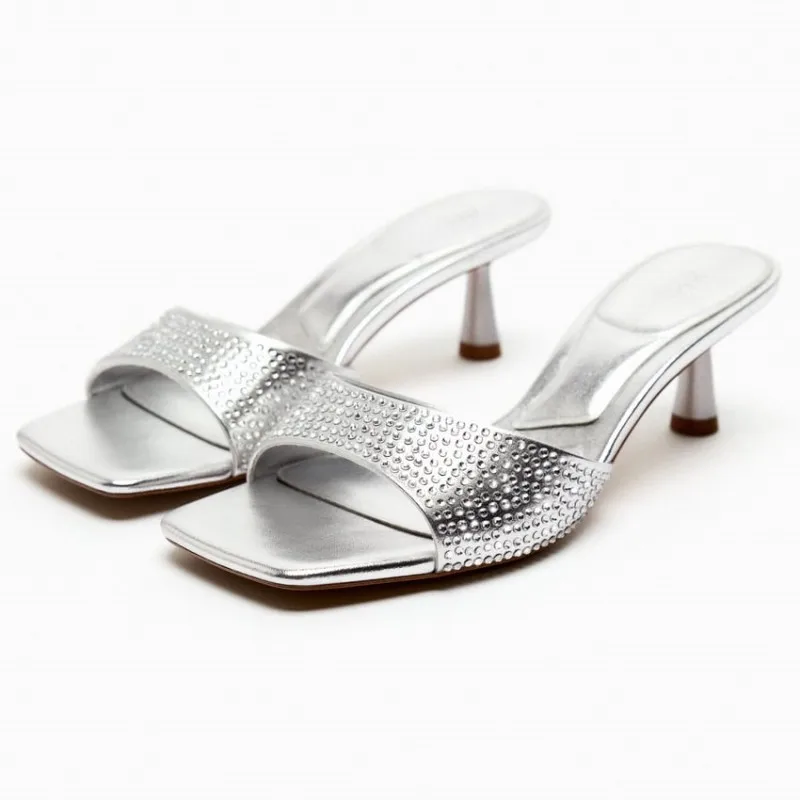 

Женские прозрачные босоножки на высоком каблуке TRAF, серебристые повседневные офисные туфли на шпильке с квадратным носком и ремешком на пятке, на лето, 2023