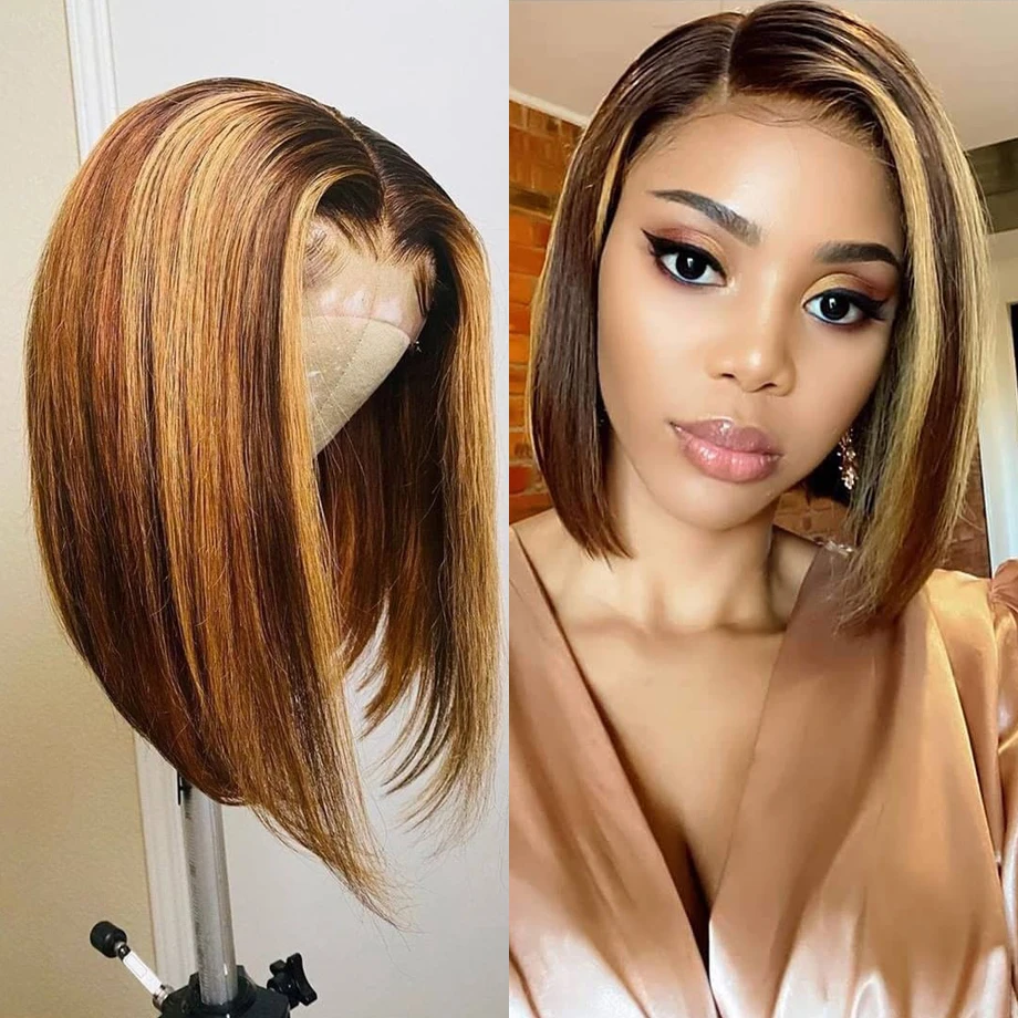 Short Bob Human Hair Wigs Hd Brazilian Ombre Colored Honey Blonde Colored Pre Plucked Wigs For Women Straight Highlight Wig