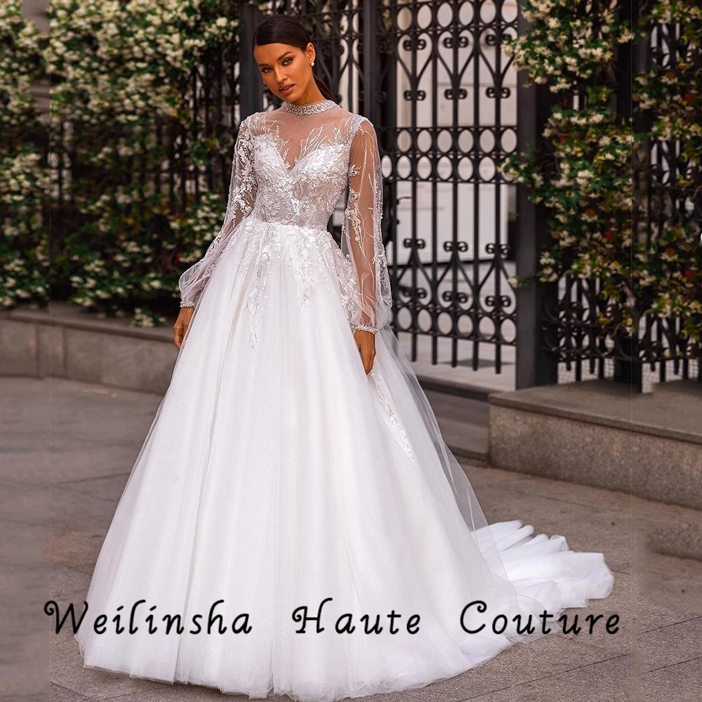 

Weilinsha A Line Sequined White Bridal Gowns Full Sleeve Strapless Boho Wedding Dresses Empire 2022 New Summer Robe De Mariée