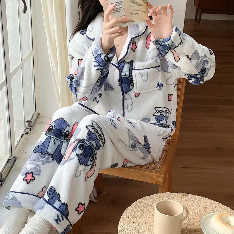 

Новинка, одежда для сна в стиле Диснея, Детский комплект, плюшевый плотный женский осенне-зимний теплый домашний костюм, брюки Pj, домашняя одежда, милая одежда