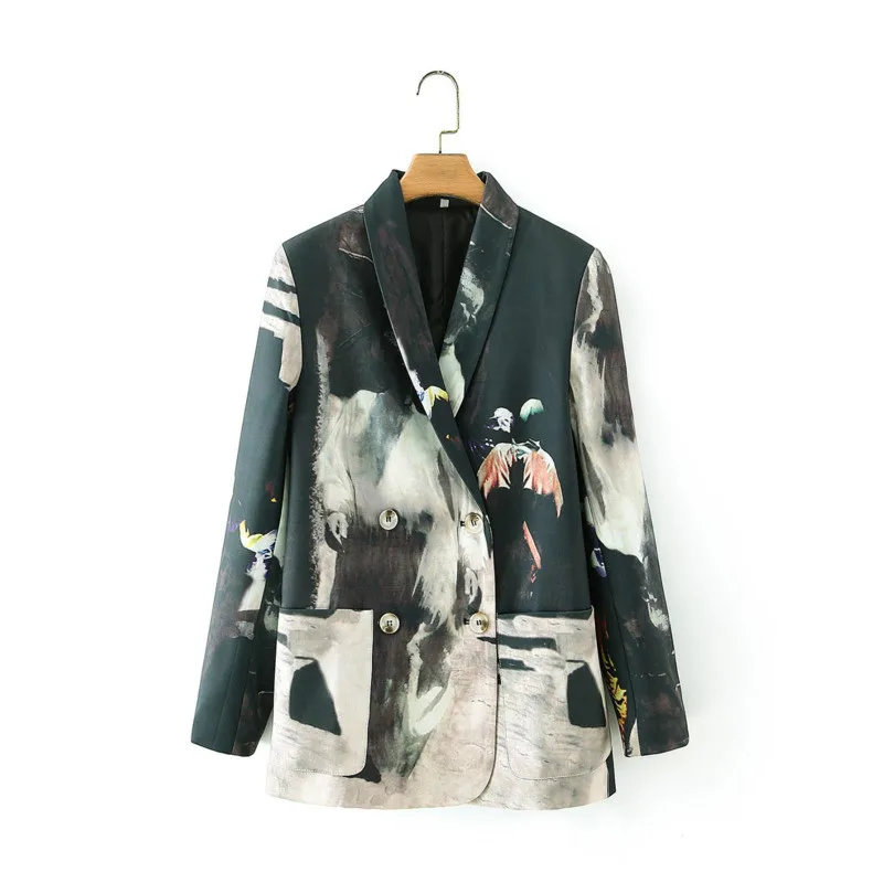 2023 Women Tie-dyed Printed Blazer Tide V-neck Double Breasted Long Sleeve Temperament Blazer Coats Spring Autumn New Fashion