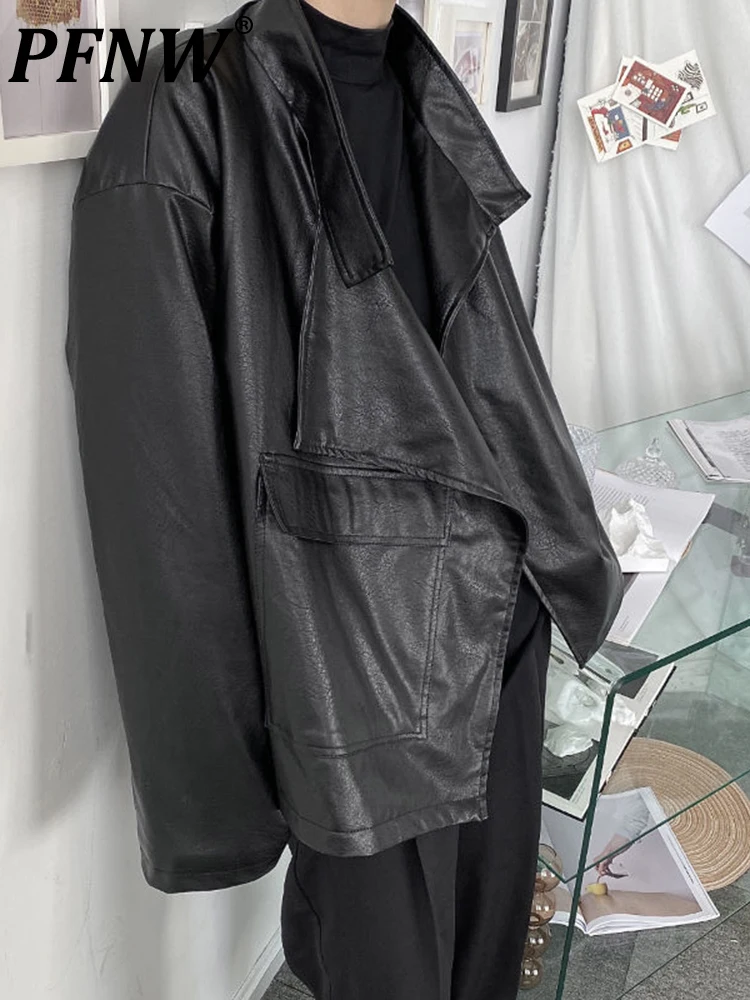 

PFNW Niche Design Asymmetric Placket Fashion Loose Leather Jackets Men Cotton Thickened Darkwear Tide Male Tops Coat 12A4521