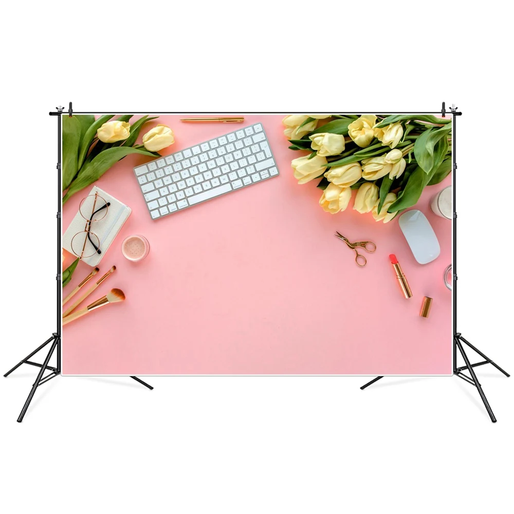 

Pink Table Flowers Keyboard Notebook Scenery Photography Backgrounds Photozone Photocall Photographic Backdrops For Photo Studio