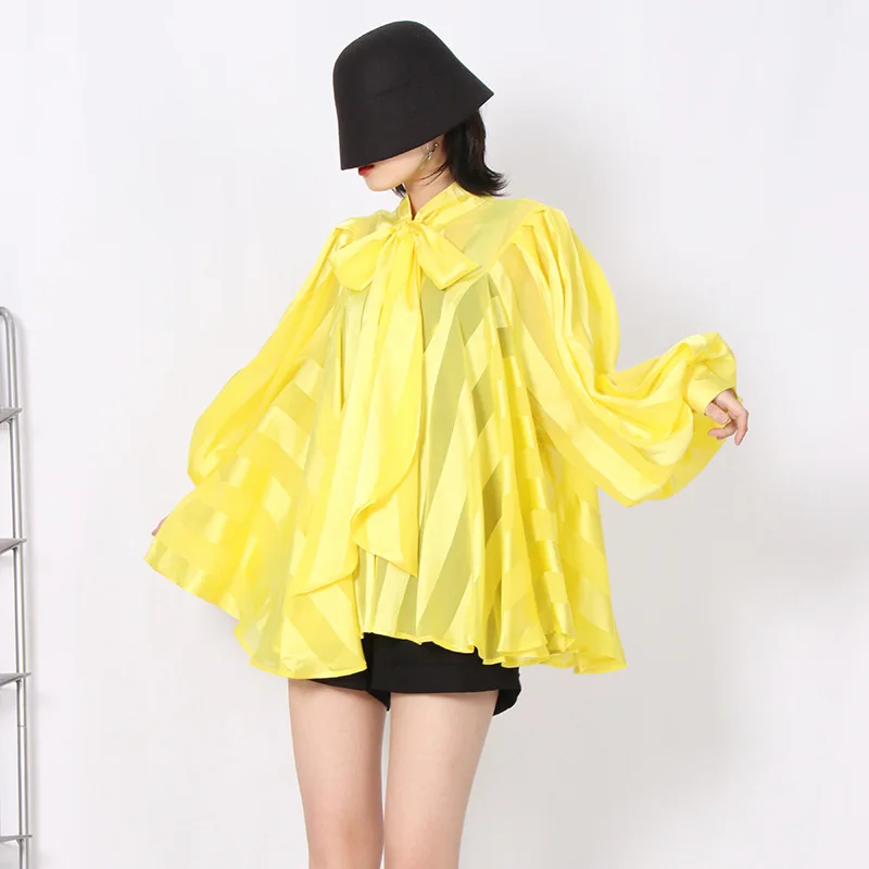 

Fashion Chiffon Shirt for Women 2022 Fall New Elegant Bowtie Collar Lantern Sleeve Print Loose Top Chic Oversize Striped Blouses