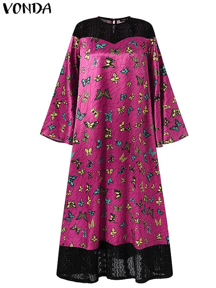 Plus Size 5XL VONDA Women Printed Dress 2023 Bohemian Long Sleeve Pleated Vintage Lace Patchwork Casual Loose Party Vestido Robe