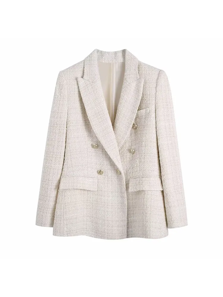 

YLJHQX 2022 New Women Fashion Textured Tweed Blazer Vintage Long Sleeve Double Breasted Flap Pocket Female Jacket