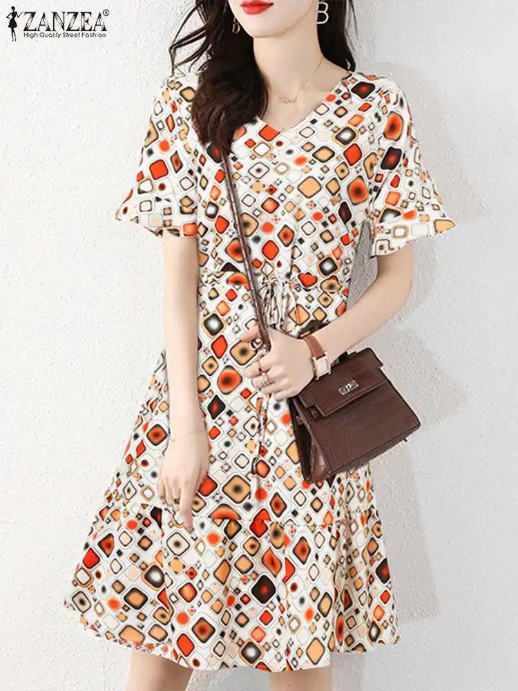 

Платье ZANZEA женское с коротким рукавом, повседневное Модное Элегантное мини-платье с принтом и V-образным вырезом, с поясом на завязках, на ле...