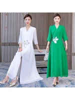 summer chinese style chiffon lotus embroidered cheongsam dress vintage floral v neck robe femme woman white green dress