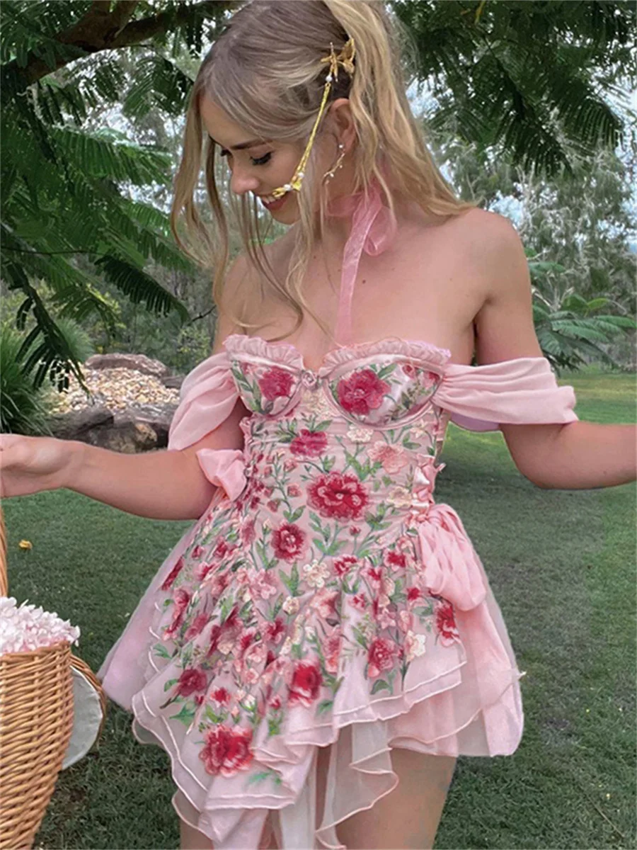 

Винтажное многослойное платье wsevypo с цветочным принтом, открытыми плечами, милые женские сетчатые мини-платья с коротким рукавом и боковым ...